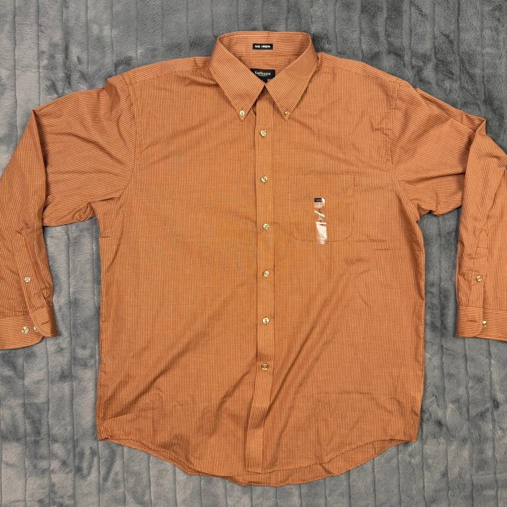 Van Heusen Mens Orange Micro Check No Iron Button Down Dress Shirt Large 16-16.5